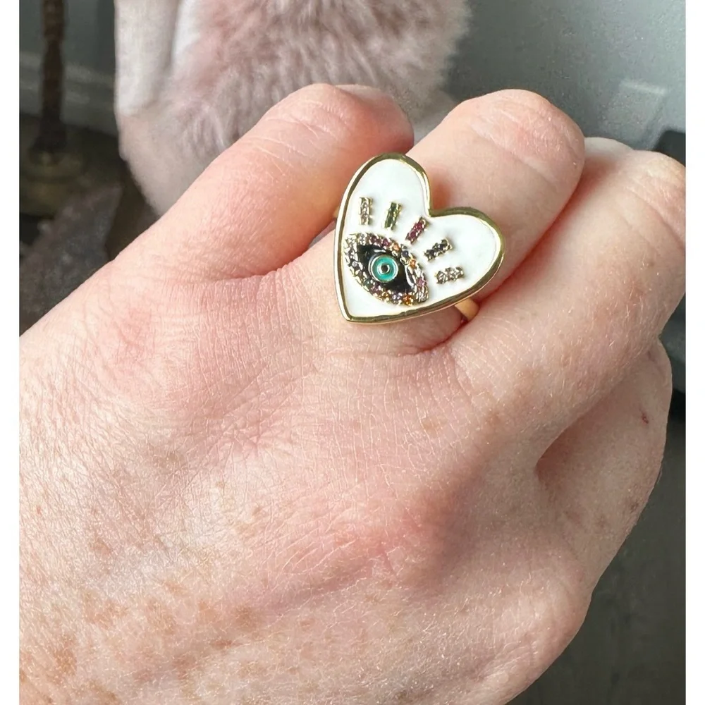 Heart Shaped Eye Ring with Colorful Enamel Accents & Rhinestone Accents
